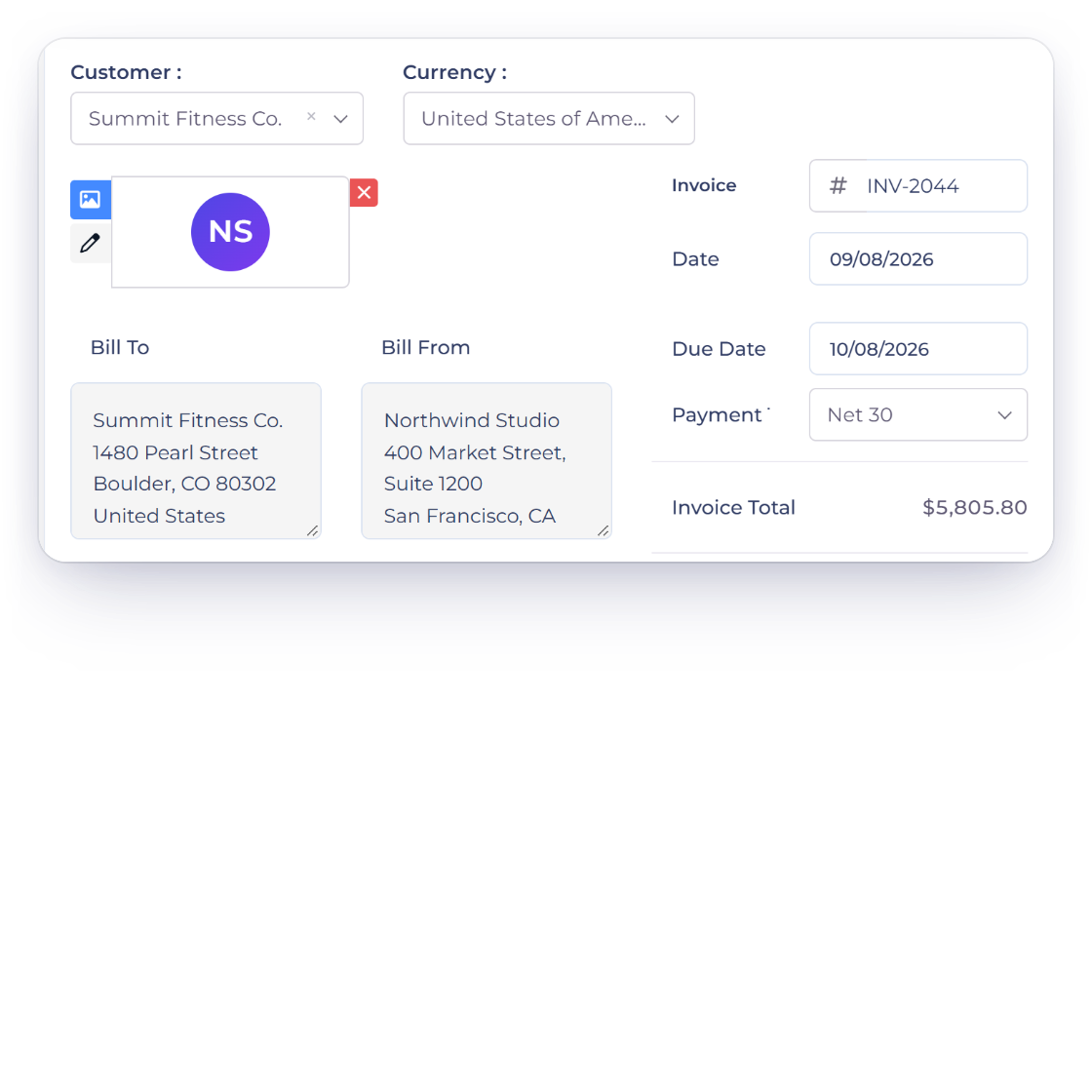 Invoice Crowd invoice editor with the date, due date and Net 30 payment terms of INV-2044, and the timeline of one late fee added the day after the due date when the invoice is still unpaid