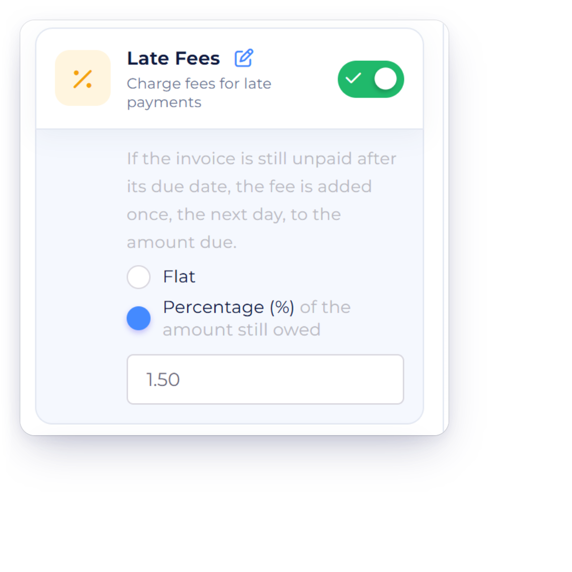 Invoice Crowd Late Fees option in the invoice editor with the choice between Flat and Percentage of the amount still owed, and two invoices showing each kind of fee
