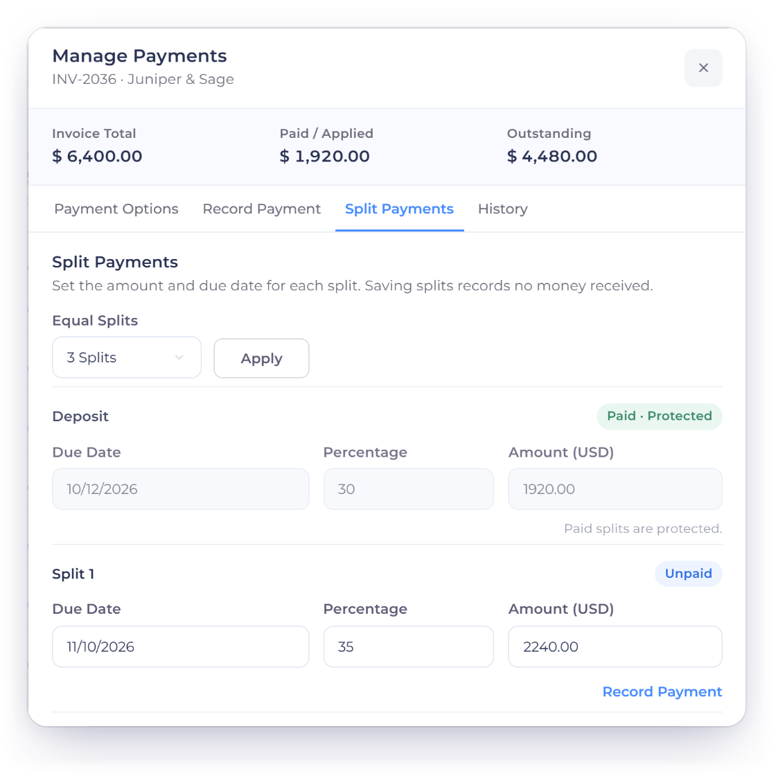 Invoice Crowd Manage Payments window for INV-2036 with a 1,920 dollar deposit paid and the balance in two instalments with due dates, and the Payment Schedule the client sees