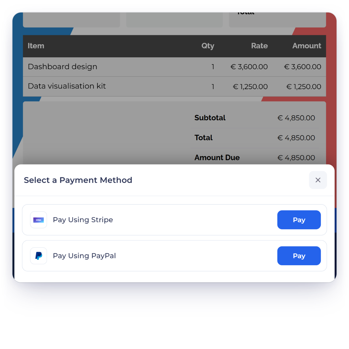 An Invoice Crowd invoice billed in euros for 4,850 euros with Pay Using Stripe and Pay Using PayPal, where the card payment goes through Stripe for the amount due