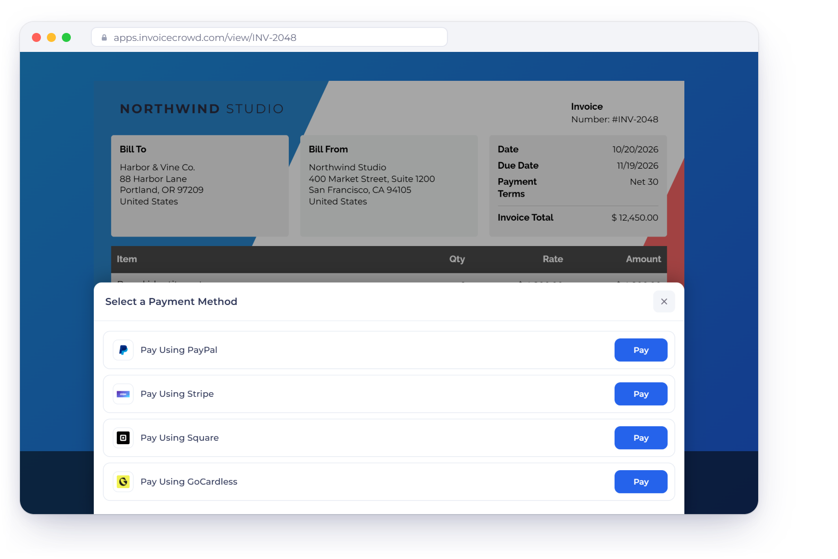 An Invoice Crowd invoice as the client sees it with the Select a Payment Method sheet offering PayPal, Stripe, Square and GoCardless, next to a payment received notification and the Payments Received list