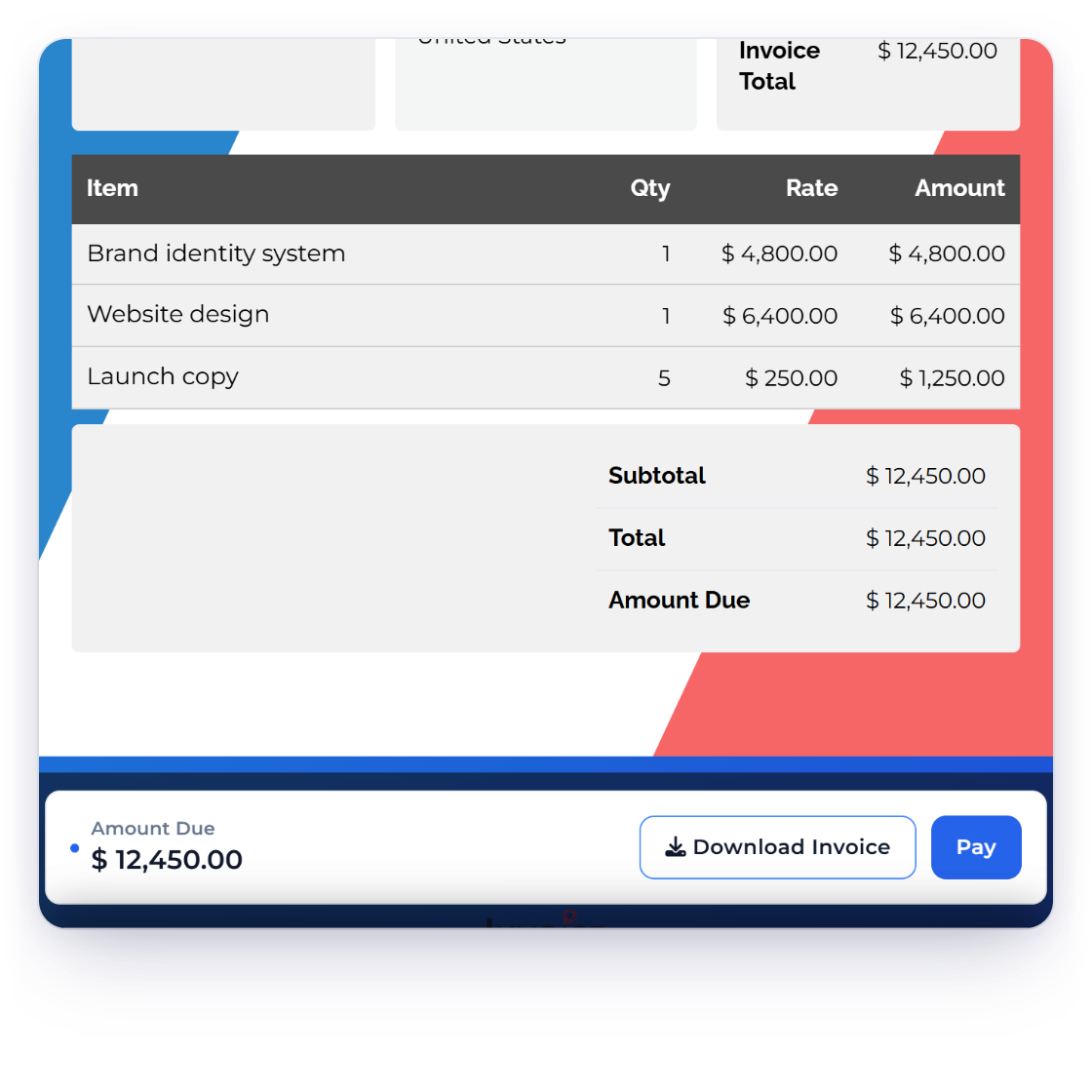 An Invoice Crowd invoice as the client sees it, with the amount due, Download Invoice and Pay on the page, and the phone layout with Download PDF and Pay Invoice pinned to the bottom