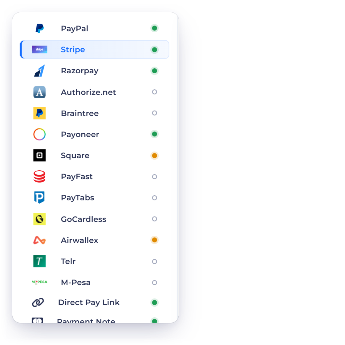 Invoice Crowd Payment Methods with PayPal, Stripe, Razorpay, Airwallex and the other gateways, and the methods switched on for one invoice