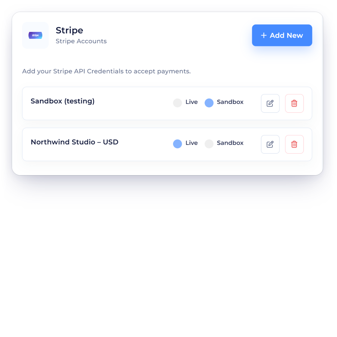 Invoice Crowd Stripe settings with a live and a sandbox Stripe account of your own, and an invoice paid through it and recorded against the invoice