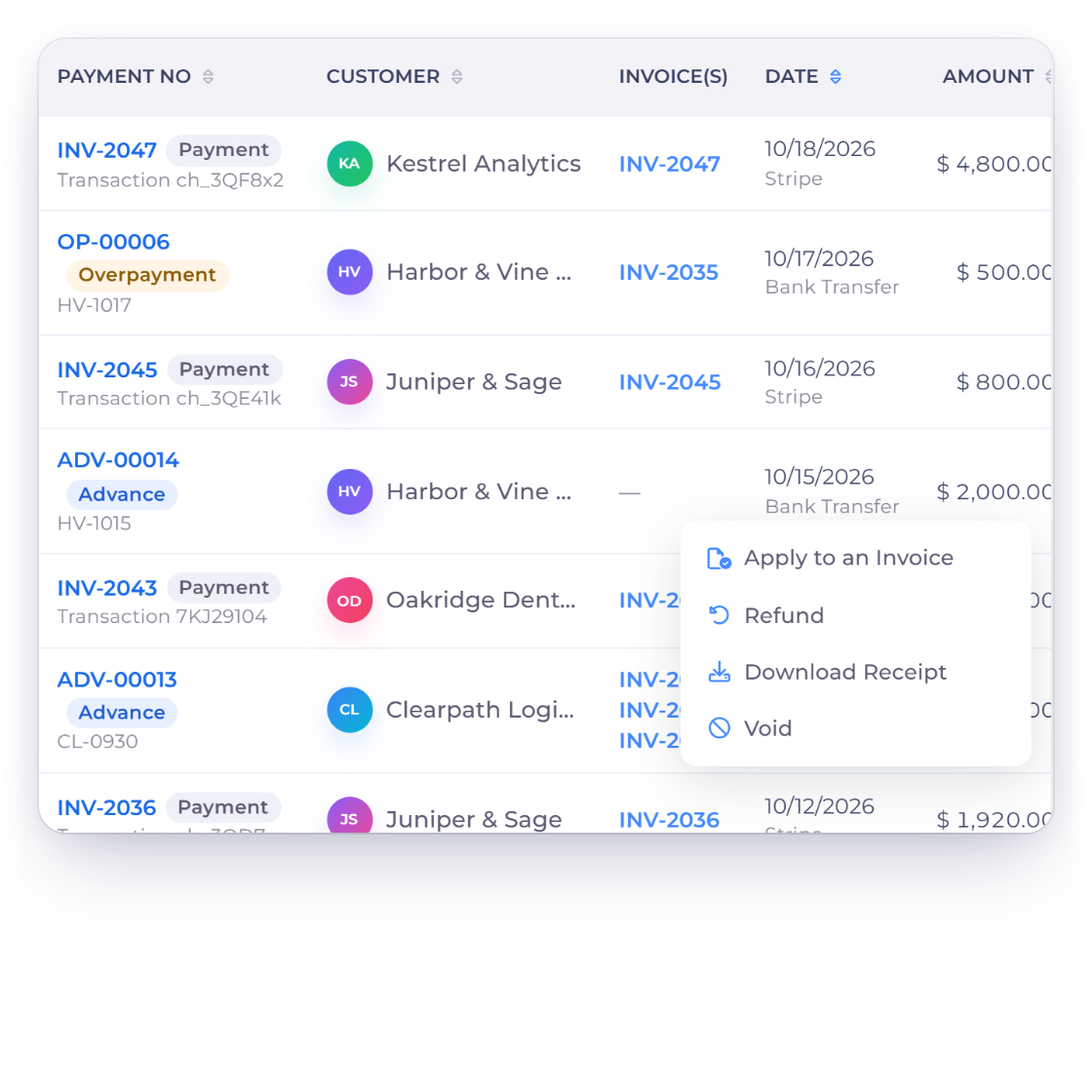 Invoice Crowd Payments Received with the menu of advance ADV-00014 open: Apply to an Invoice, Refund, Download Receipt and Void, and the advance receipt for 2,000 dollars from Harbor and Vine Co.
