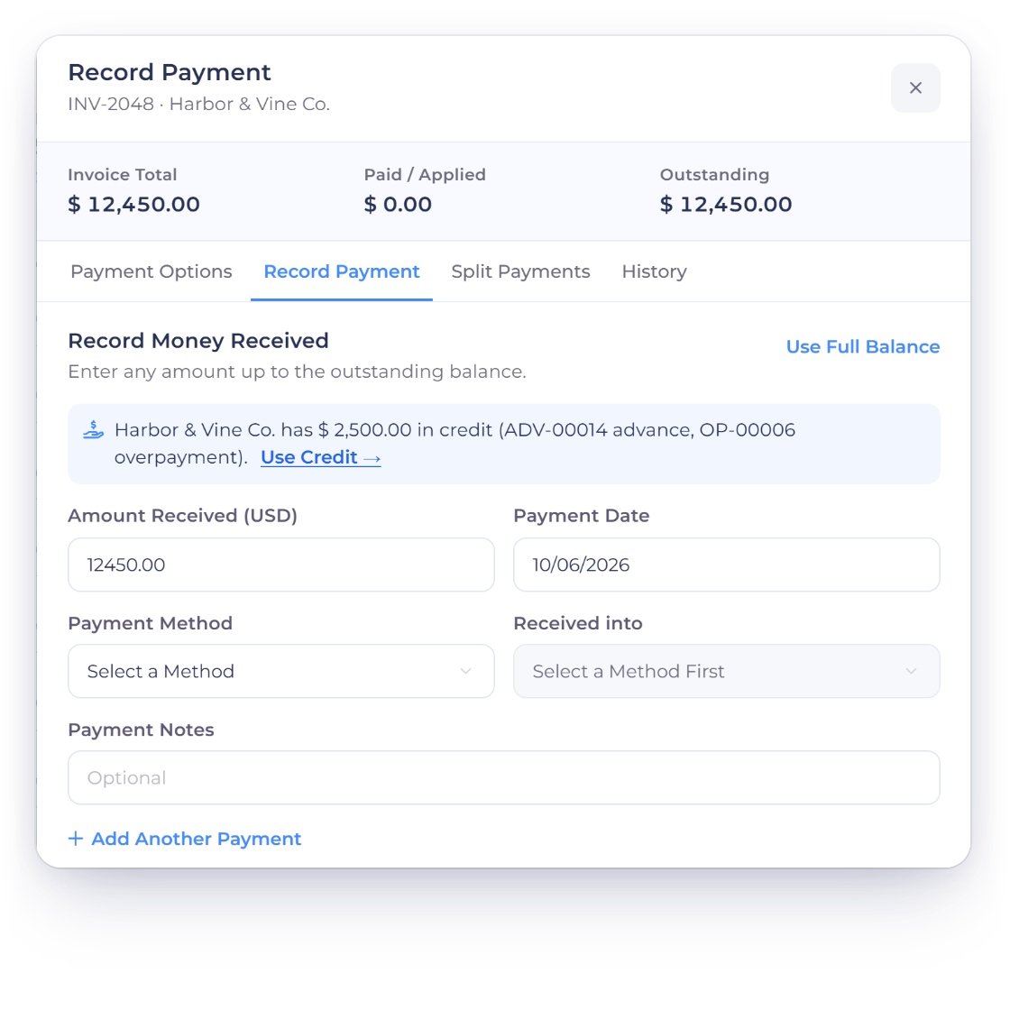 Invoice Crowd Record Payment for INV-2048 showing that Harbor and Vine Co. has 2,500 dollars in credit from ADV-00014 and OP-00006 with Use Credit, and an overpayment kept as an OP numbered credit