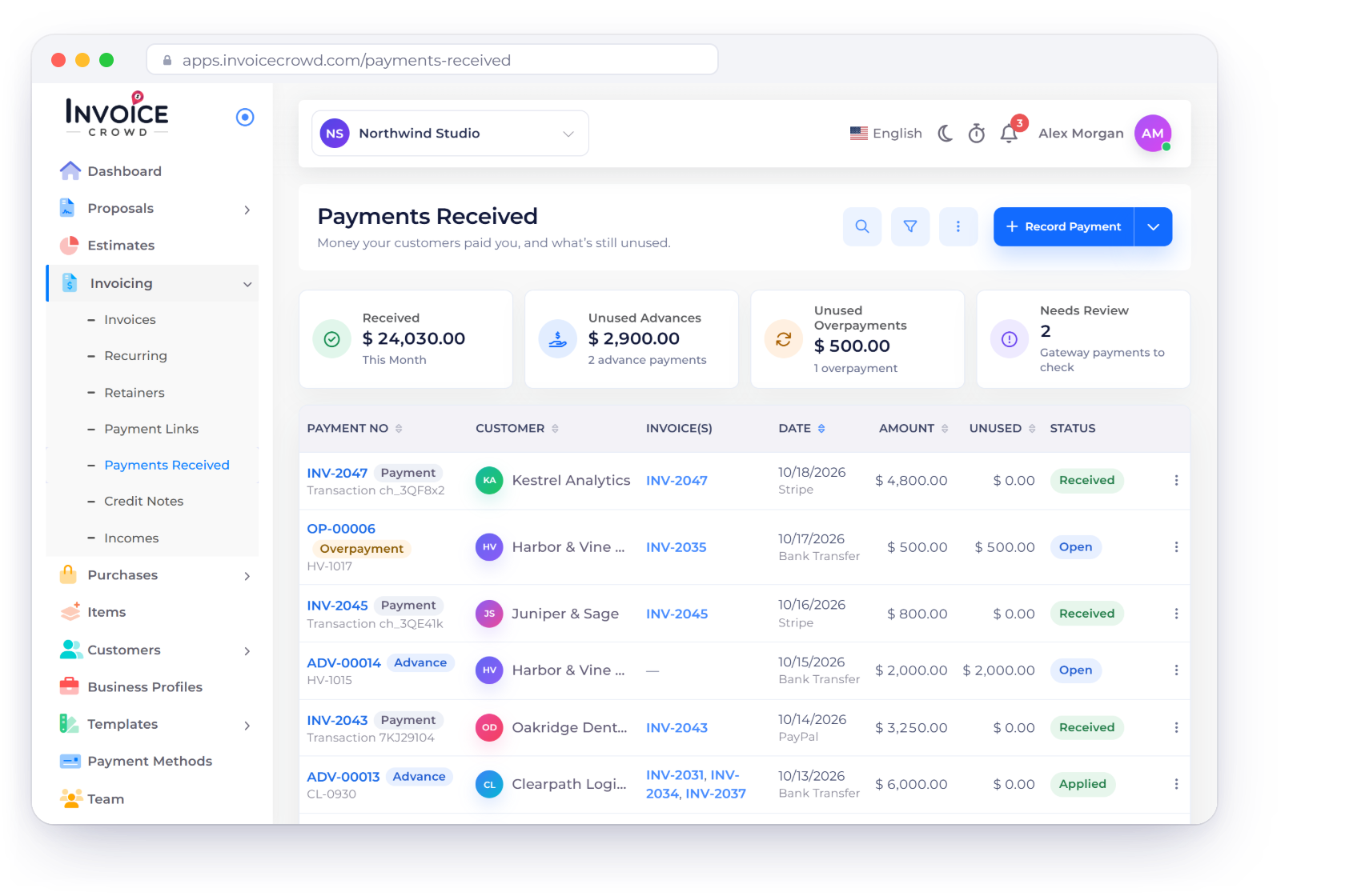 The Invoice Crowd Payments Received list with the Received, Unused Advances, Unused Overpayments and Needs Review tiles and rows tagged Payment, Advance and Overpayment, next to one receipt applied to two open invoices oldest first with the rest kept as credit