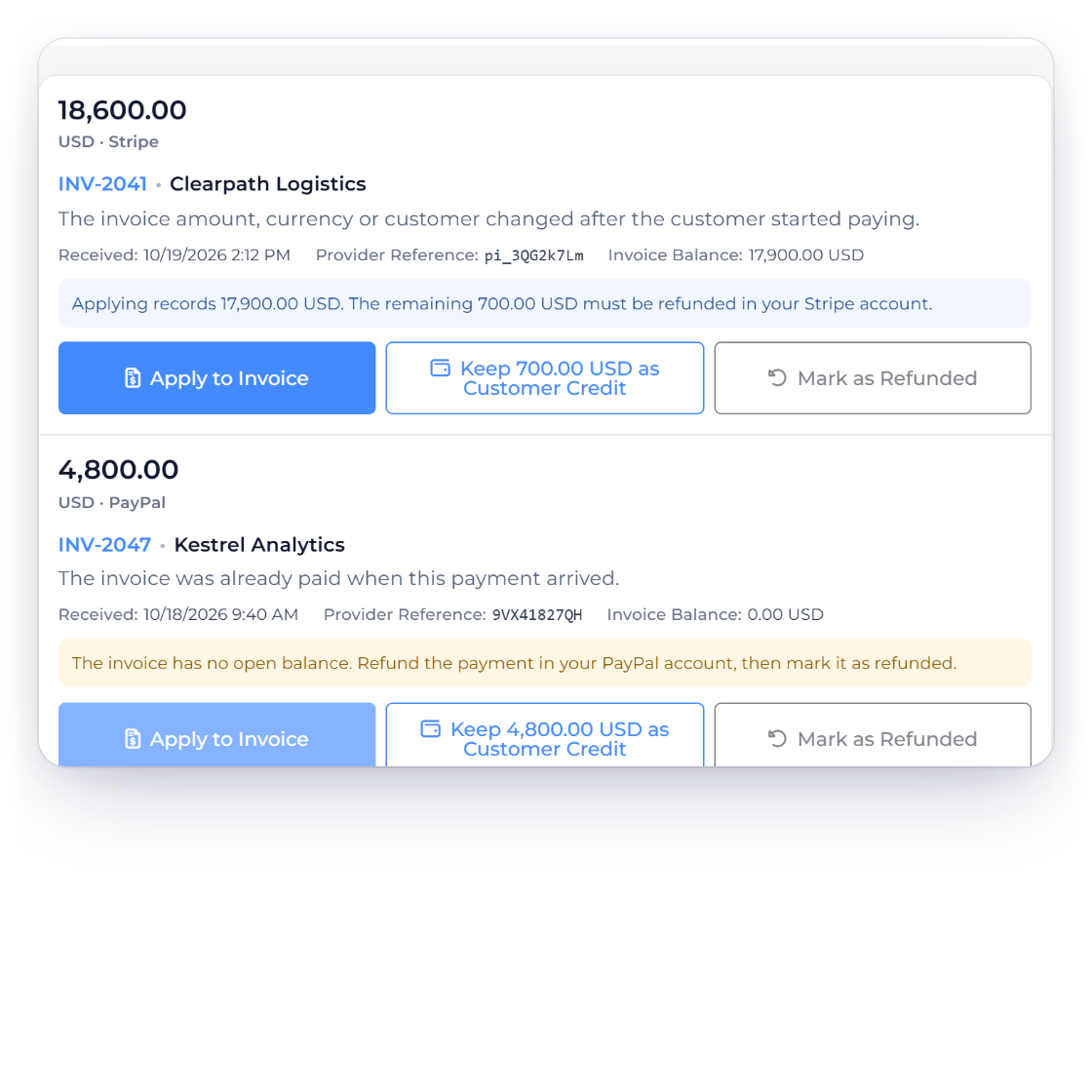 Invoice Crowd Payments Needing Review with a Stripe payment for INV-2041 that arrived after the invoice changed, with Apply to Invoice, Keep 700.00 USD as Customer Credit and Mark as Refunded, and the bell event that flags it