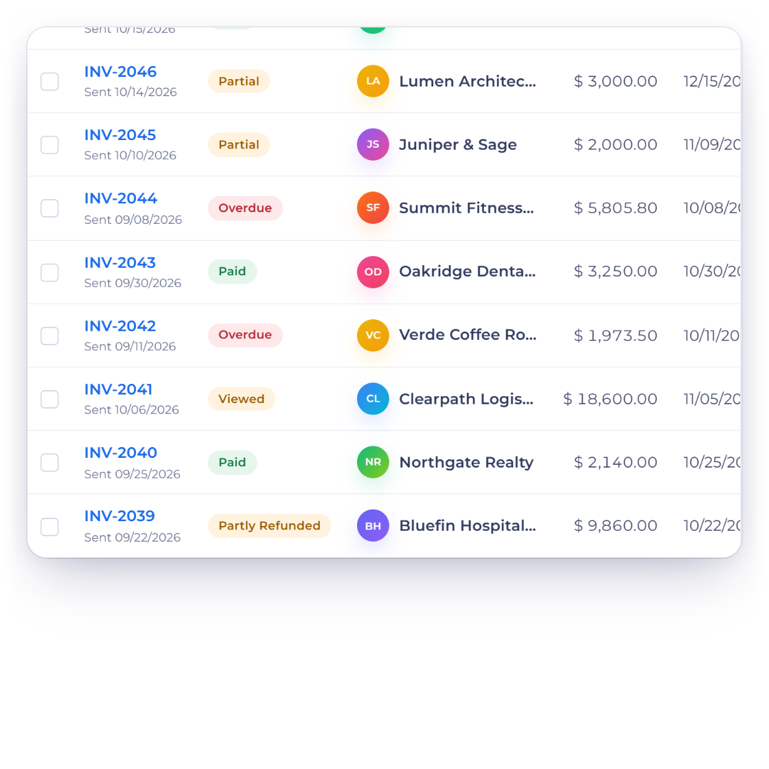 Invoice Crowd invoices list with INV-2039 showing Partly Refunded, and the refund review with the credit note, the amount refunded, what the customer owes and the changes in your books