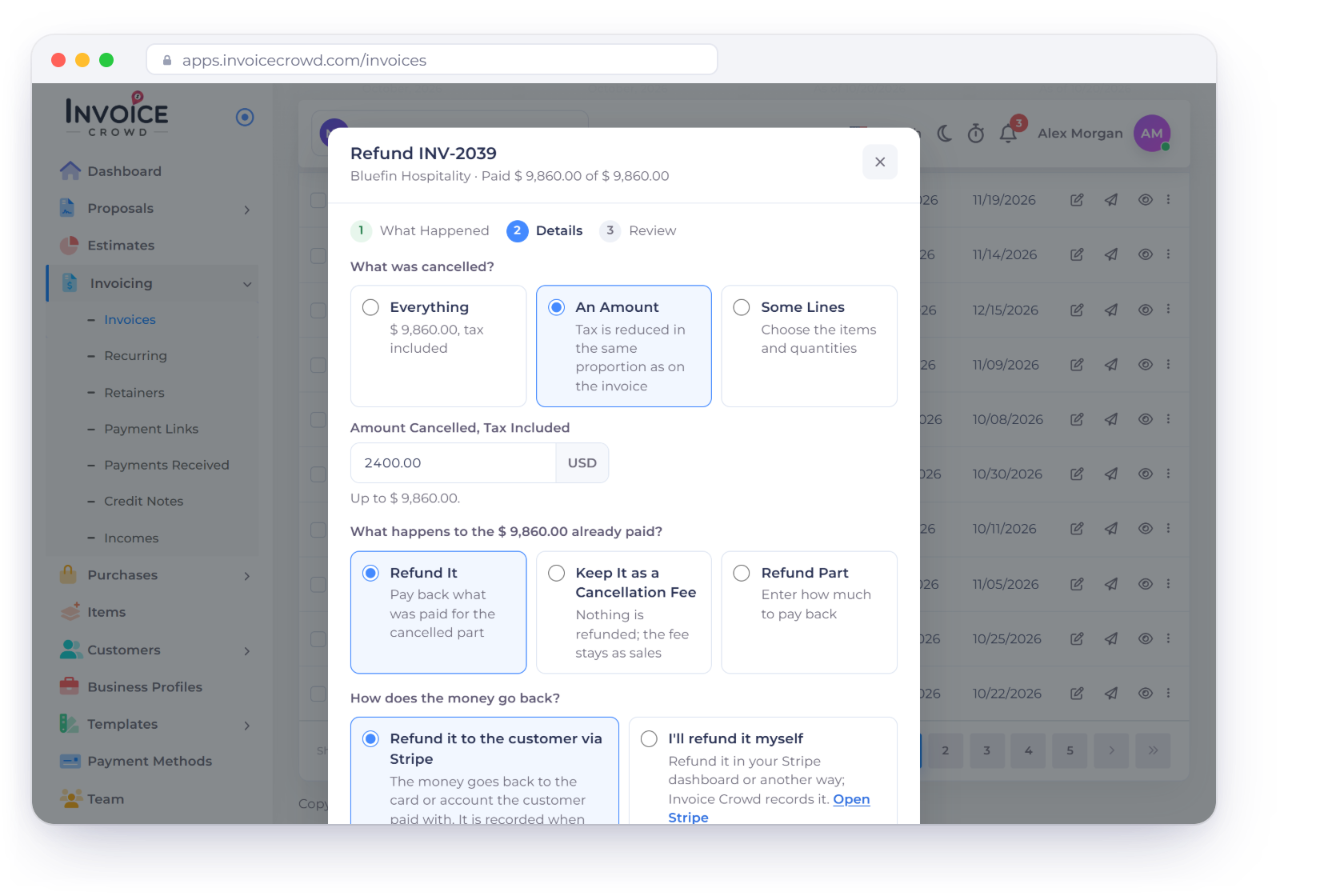 The Invoice Crowd Refund window for INV-2039 over the invoices list: 2,400 dollars of the order cancelled, Refund It chosen, and How does the money go back set to Refund it to the customer via Stripe, next to the review and the Partly Refunded badge