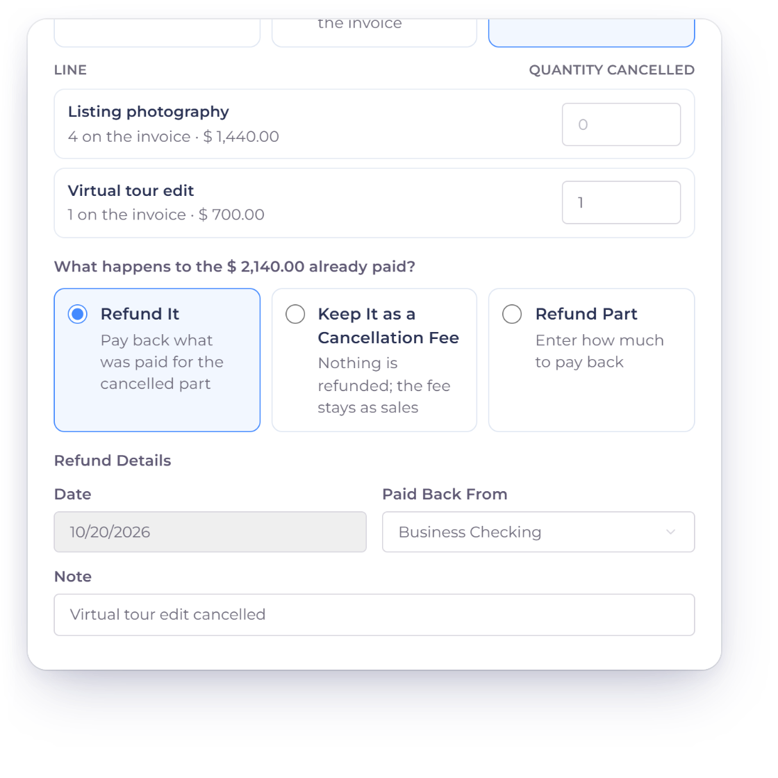 The Invoice Crowd Refund window for INV-2040 with one line cancelled and refunded, the refund date and the account it is Paid Back From, for a payment refunded outside the app