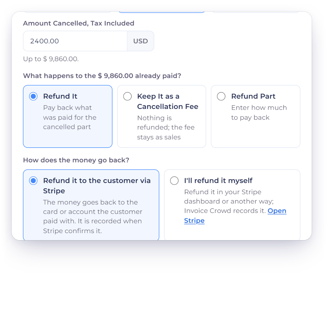 The Invoice Crowd Refund window with an amount cancelled, Refund It, and How does the money go back set to Refund it to the customer via Stripe, and the eight gateways that refund through their API