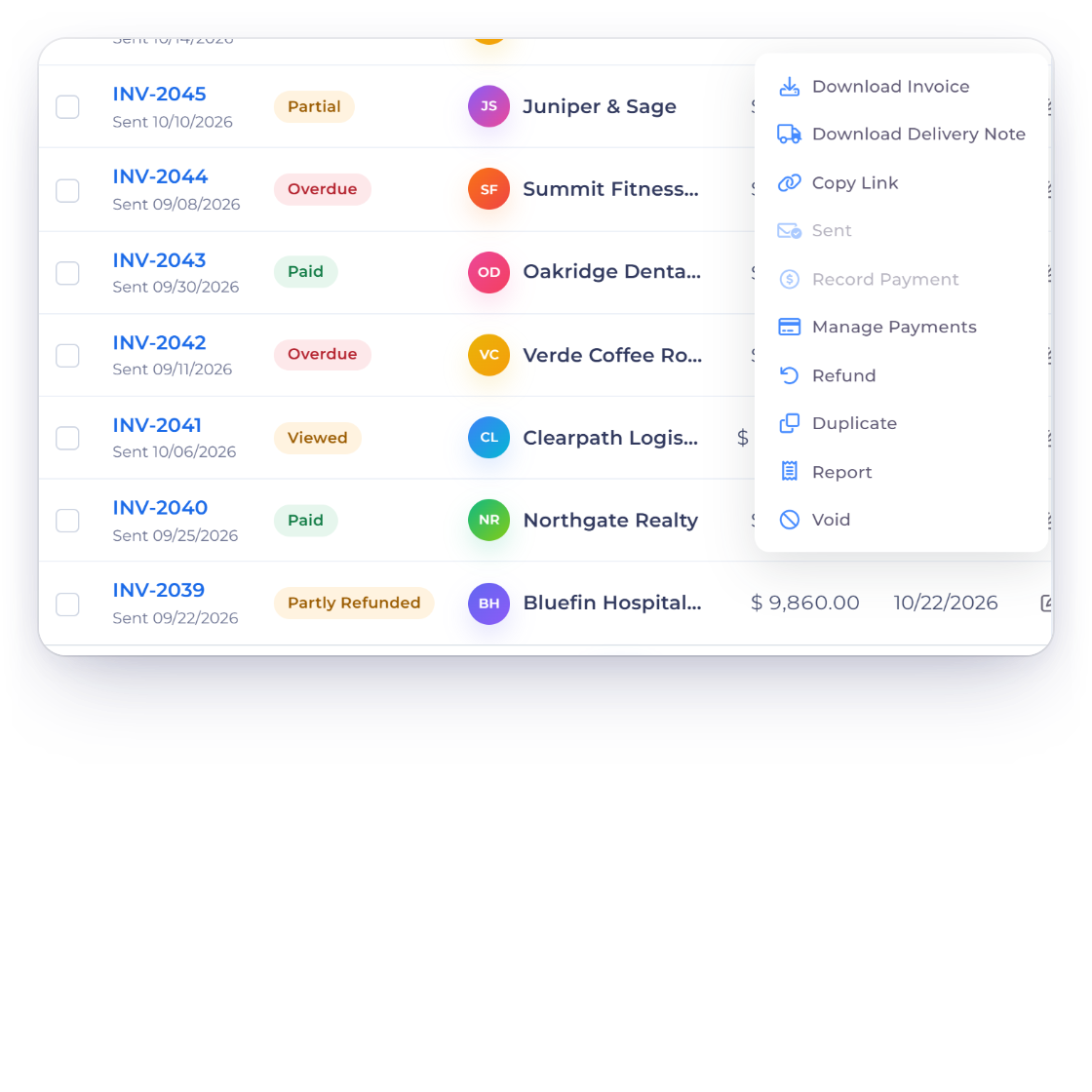 Invoice Crowd invoices list with the row menu of paid invoice INV-2039 open on Refund, and Manage Payments History with Refund next to the online payment