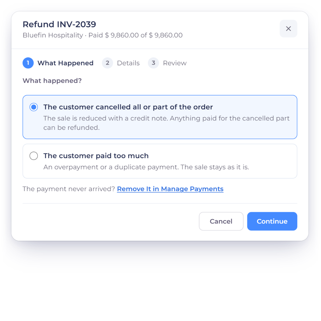 The first step of the Invoice Crowd Refund window, What Happened, with The customer cancelled all or part of the order and The customer paid too much, and the choices for what was cancelled and what happens to the money already paid