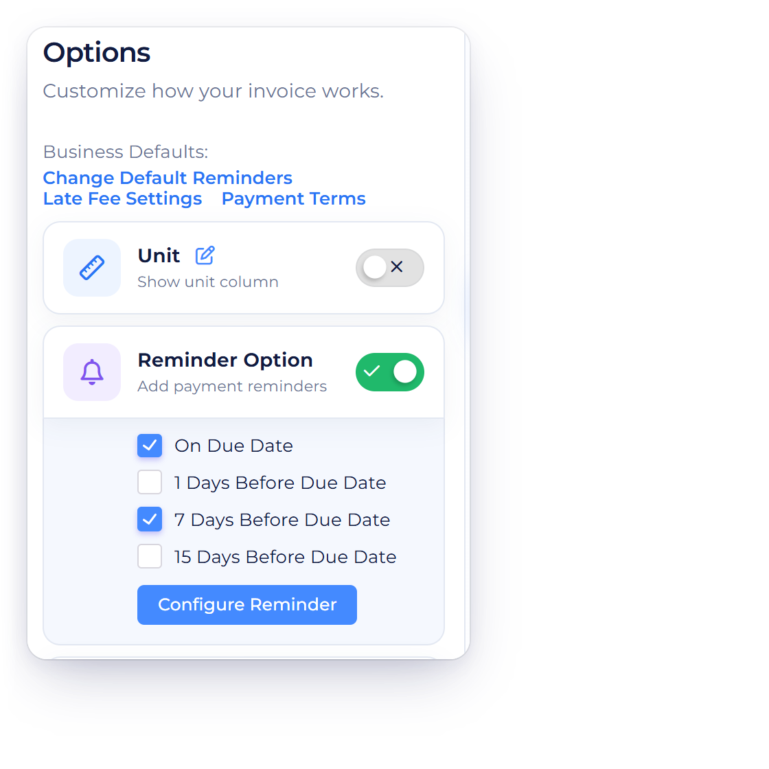 Invoice Crowd invoice Options with Reminder Option on and On Due Date and 7 Days Before Due Date ticked from the business reminder list, with up to five reminders per invoice