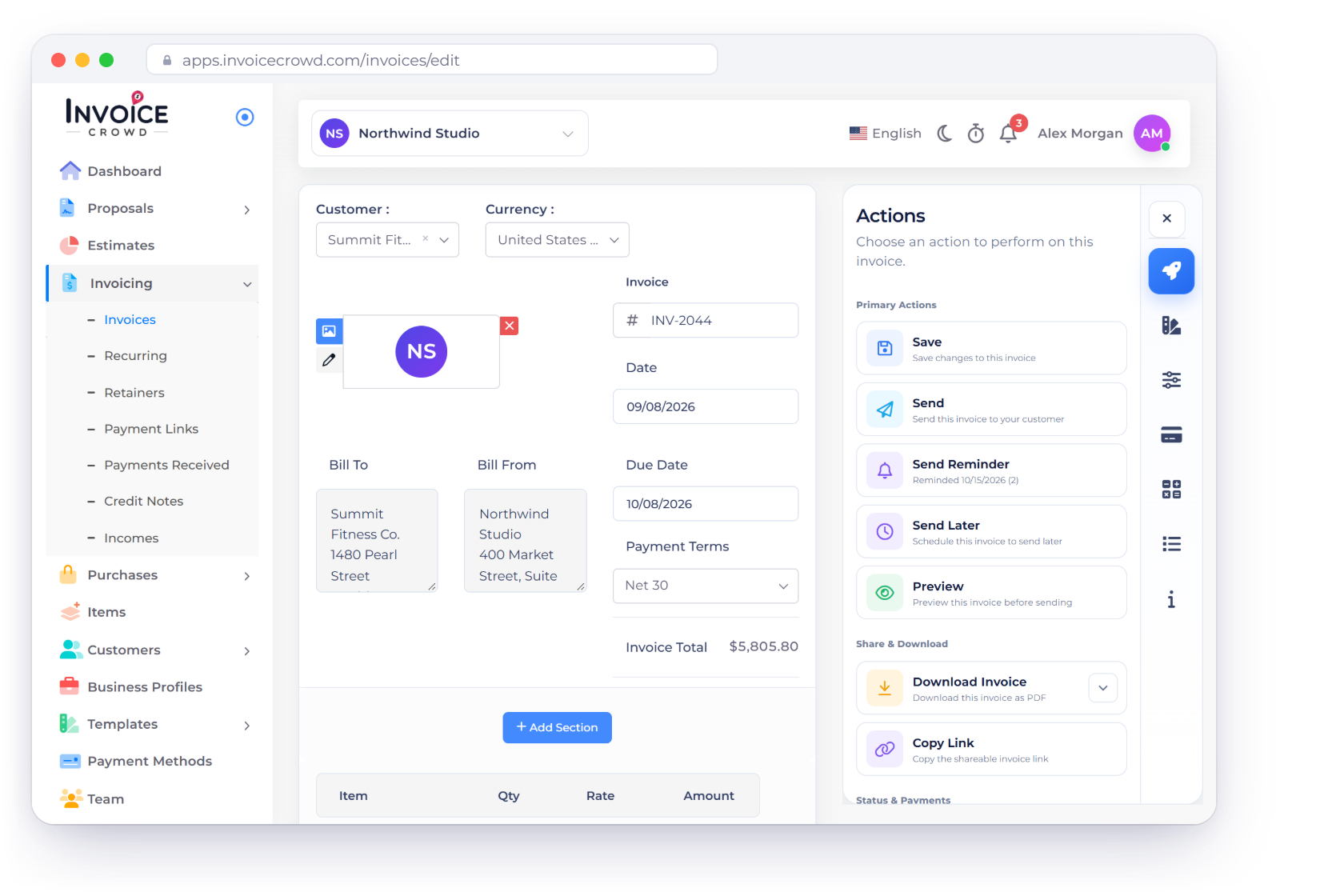 The Invoice Crowd invoice editor for INV-2044 on the Actions tab with Send Reminder and Reminded 10/15/2026 (2), next to the Reminder Option days on the invoice and the reminder email ready to send