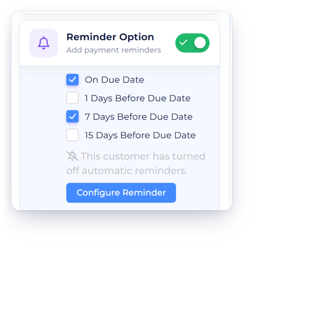 Invoice Crowd customer setting Don’t send automatic reminders to this customer, and the invoice Reminder Option noting that this customer has turned off automatic reminders