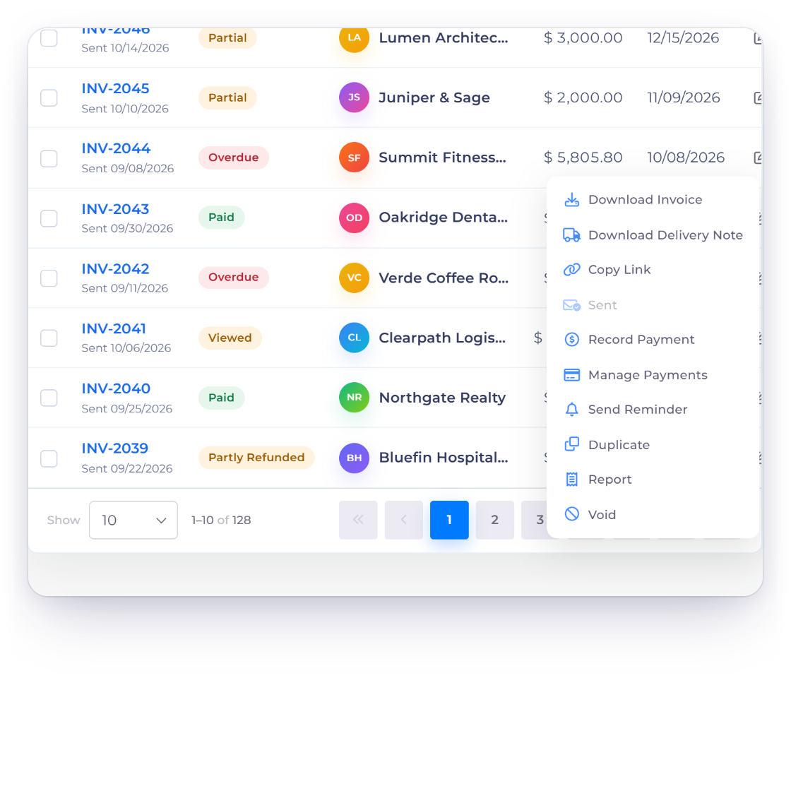 Invoice Crowd invoices list with the row menu of INV-2044 open on Send Reminder, and the editor Actions tab with Send Reminder and Reminded 10/15/2026 (2)
