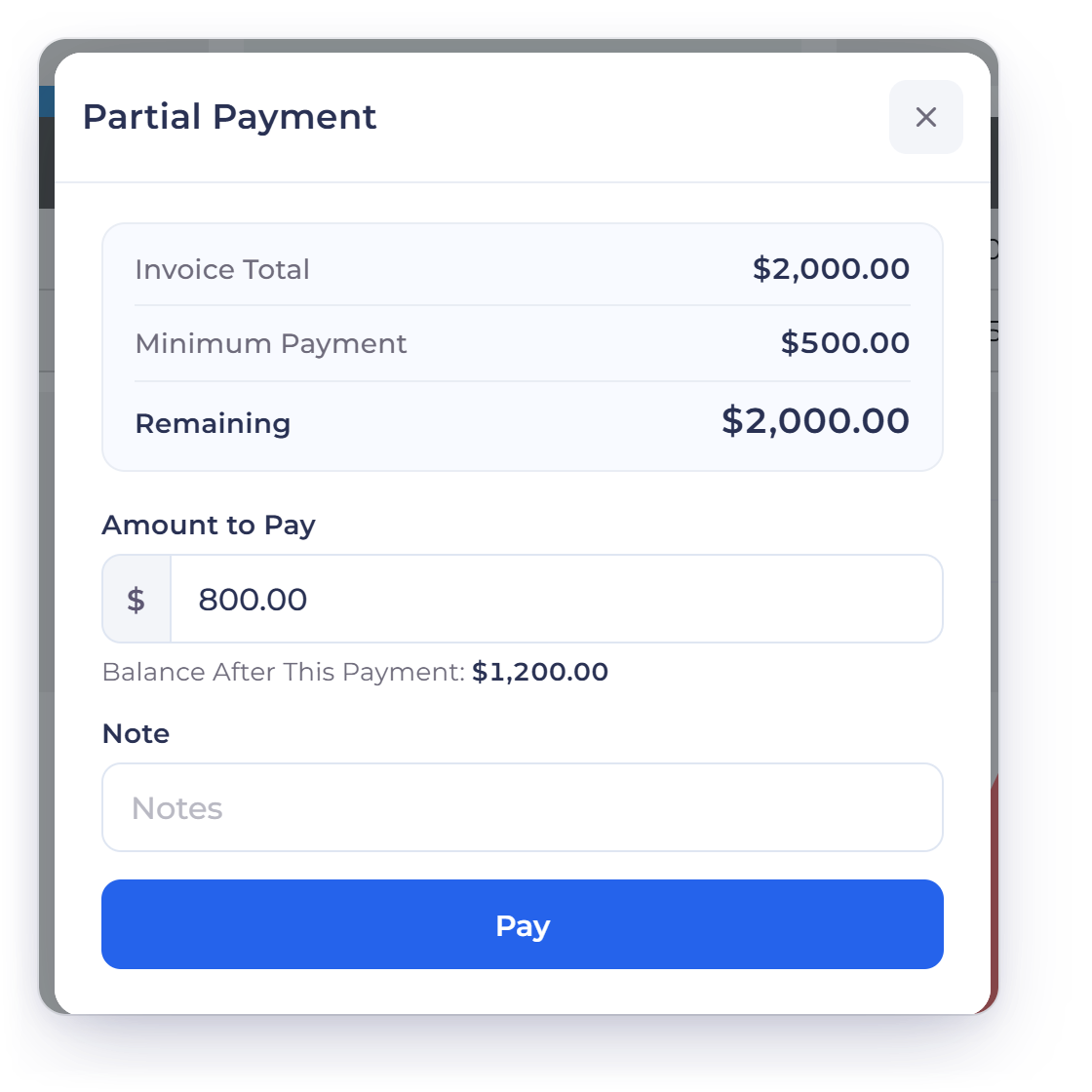 The Invoice Crowd Partial Payment window a client sees for INV-2045: invoice total 2,000 dollars, minimum payment 500, 800 dollars entered as the Amount to Pay and 1,200 dollars as the Balance After This Payment
