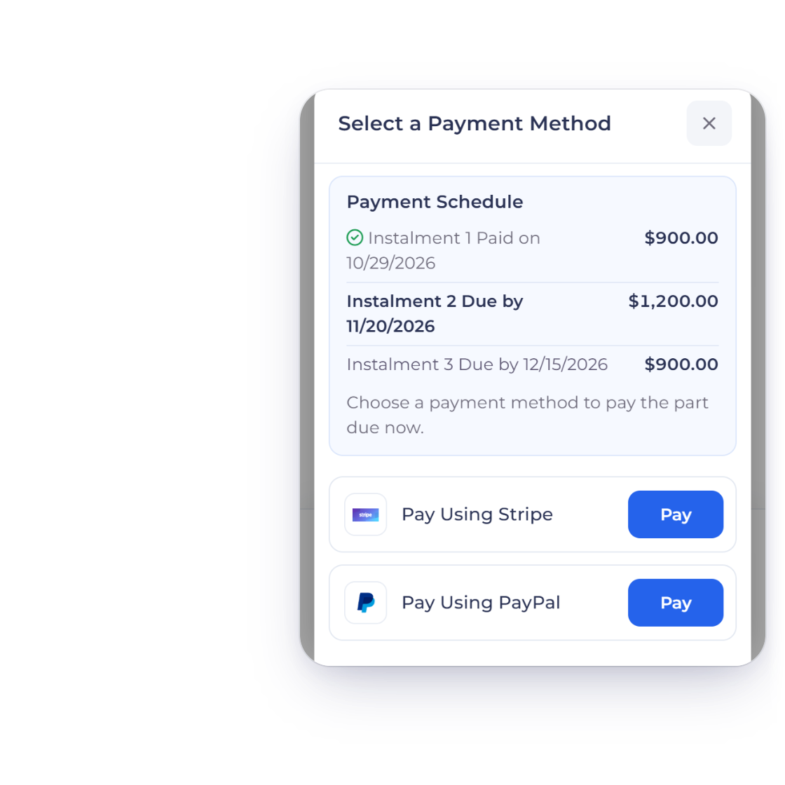 An Invoice Crowd invoice on a phone with the Payment Schedule: instalment 1 paid on 10/29/2026, instalment 2 due by 11/20/2026 and instalment 3 due by 12/15/2026, and the agreed due dates for each split