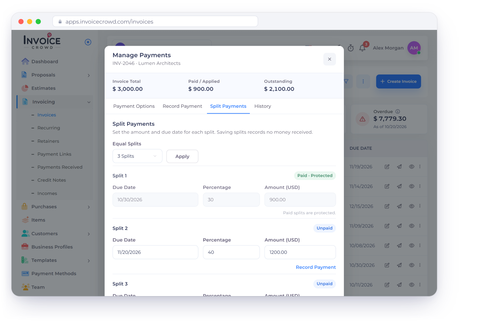 The Invoice Crowd Manage Payments window on the Split Payments tab for INV-2046, a 3,000 dollar invoice in three splits with Split 1 paid and protected, next to the Payment Schedule the client sees and the first instalment paid online