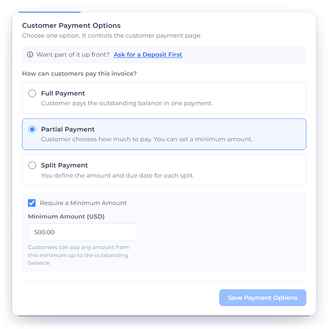 Invoice Crowd Manage Payments window, Payment Options tab, with Partial Payment chosen for INV-2045 and Require a Minimum Amount of 500 dollars on a 2,000 dollar invoice