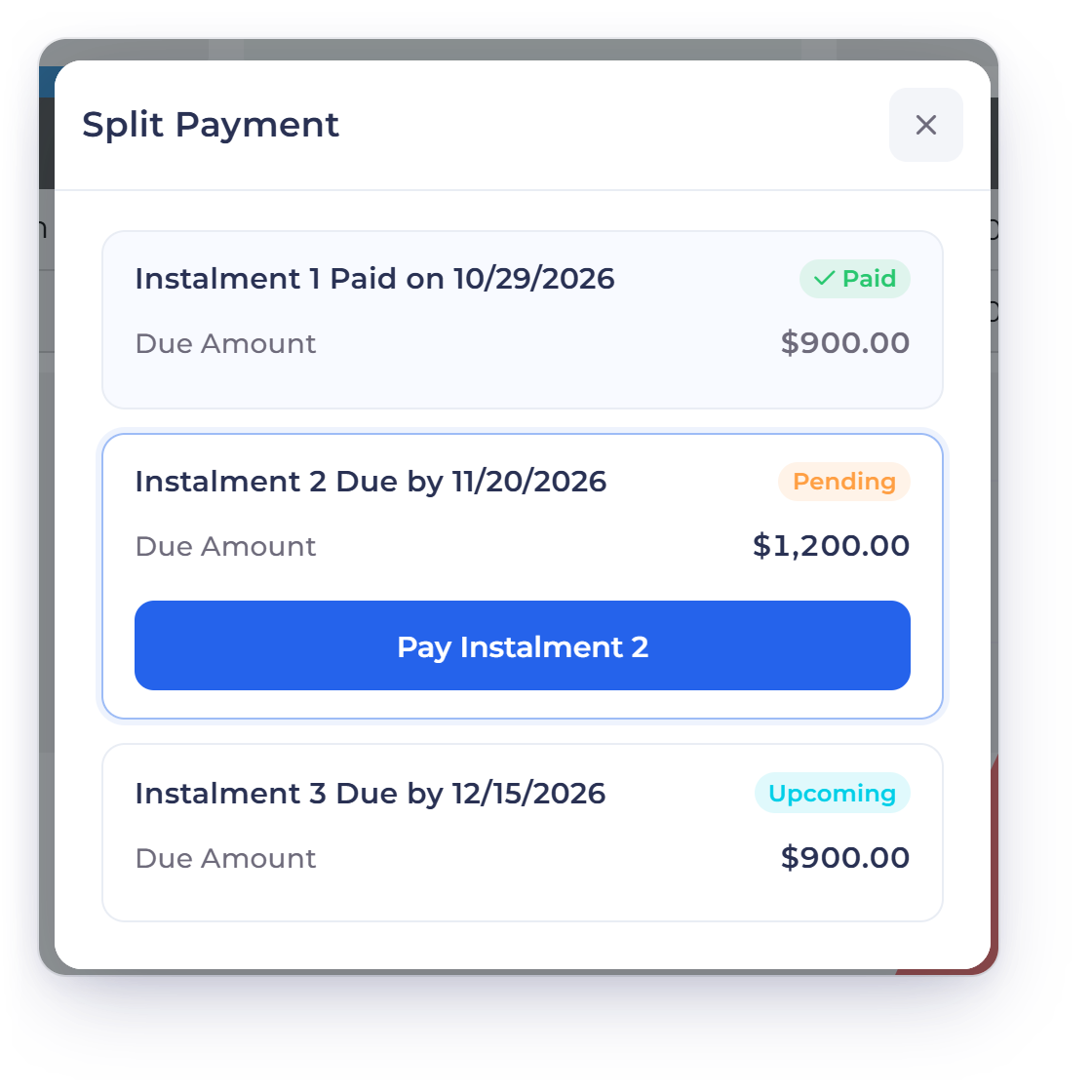 The Invoice Crowd Split Payment window a client sees, with instalment 1 paid, Pay Instalment 2 for 1,200 dollars and instalment 3 upcoming, and the phone footer with Pay Invoice and Pay in agreed splits