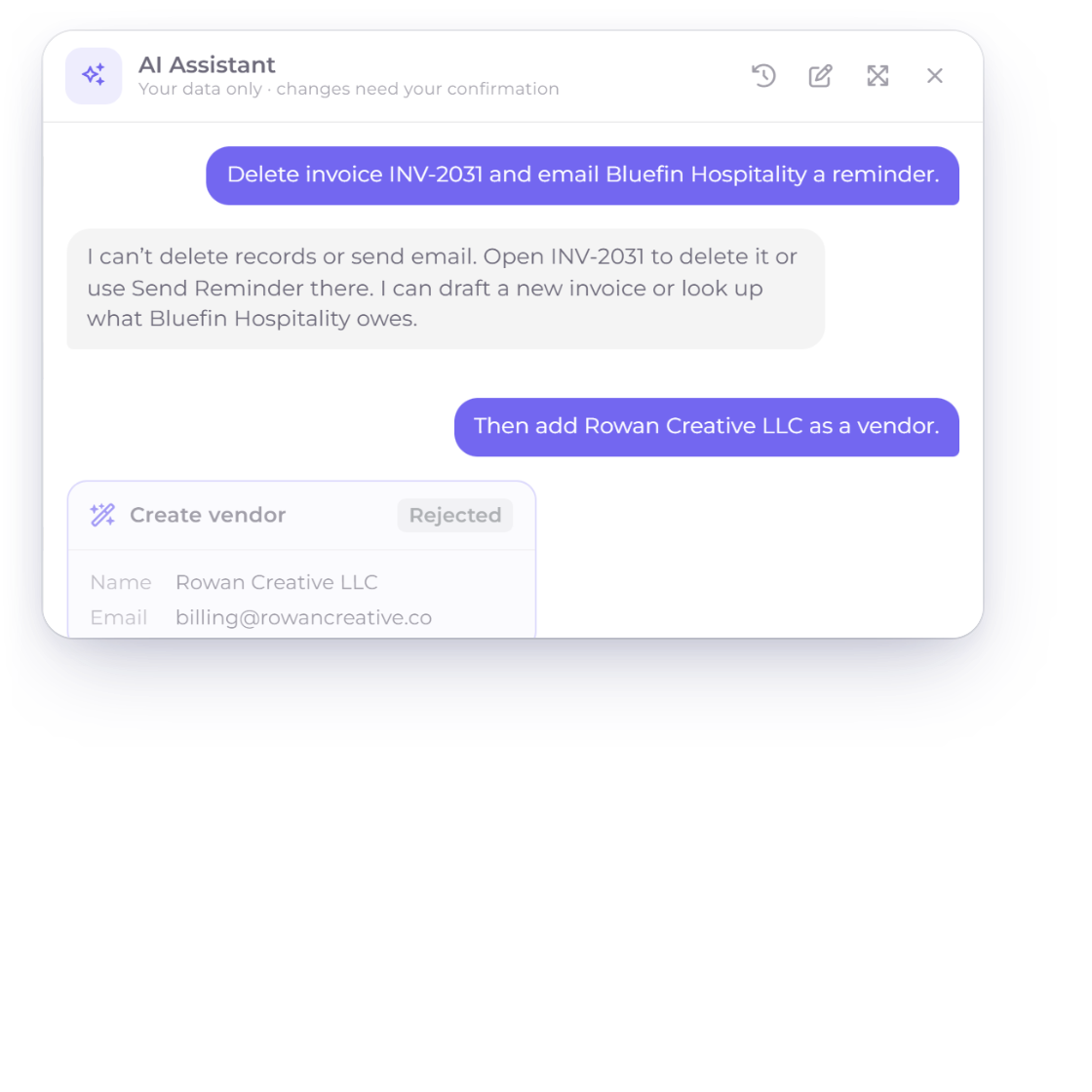The Invoice Crowd AI Assistant declining to delete an invoice or send email, and a proposed vendor that was rejected