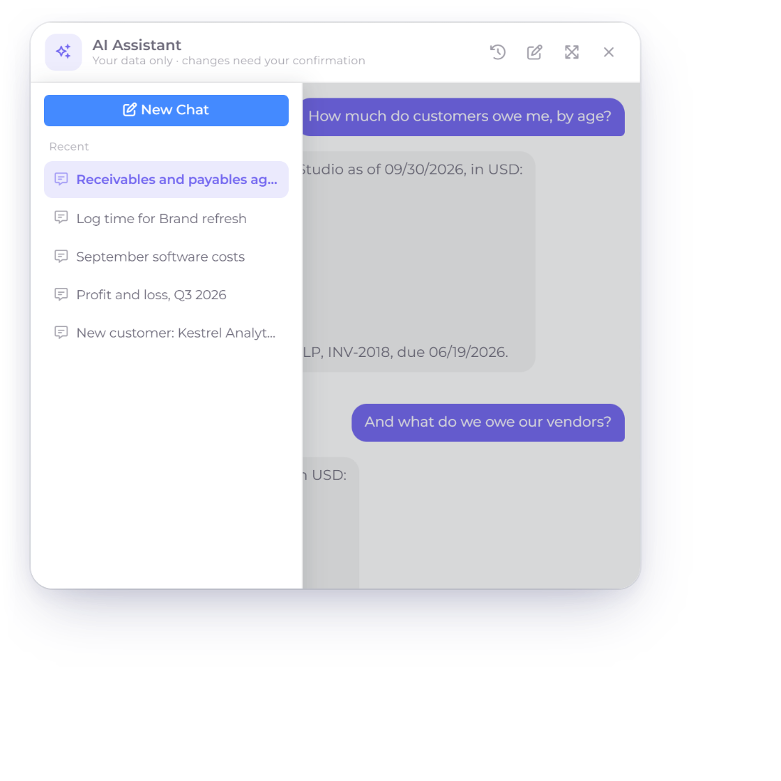 The Invoice Crowd AI Assistant chat history drawer with earlier conversations and the AI credits left, on a paid plan with credits bought separately