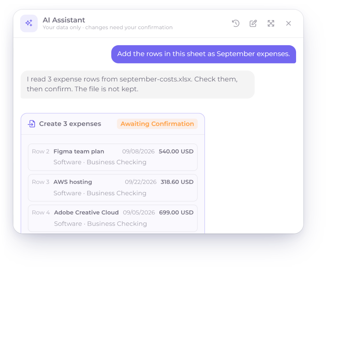 The Invoice Crowd AI Assistant turning three rows of an expense spreadsheet into an itemised expense batch waiting for confirmation