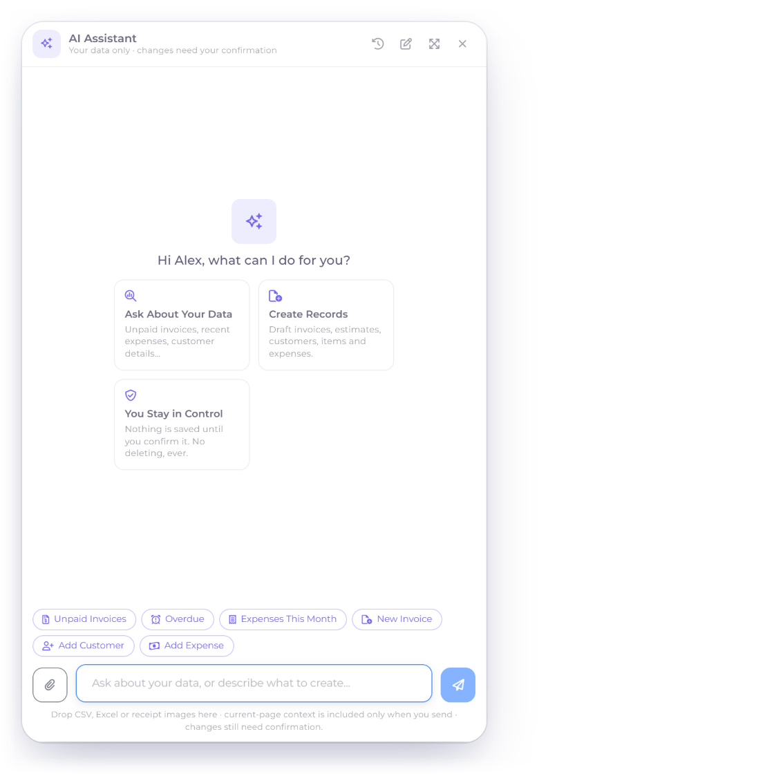 The Invoice Crowd AI Assistant opened over a report page with its welcome tiles and six quick-start buttons