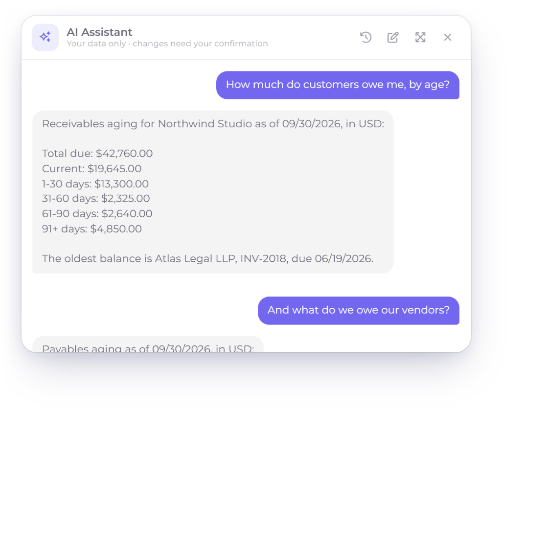 The Invoice Crowd AI Assistant answering receivables and payables aging questions from the account’s own records, next to its 15 read tools