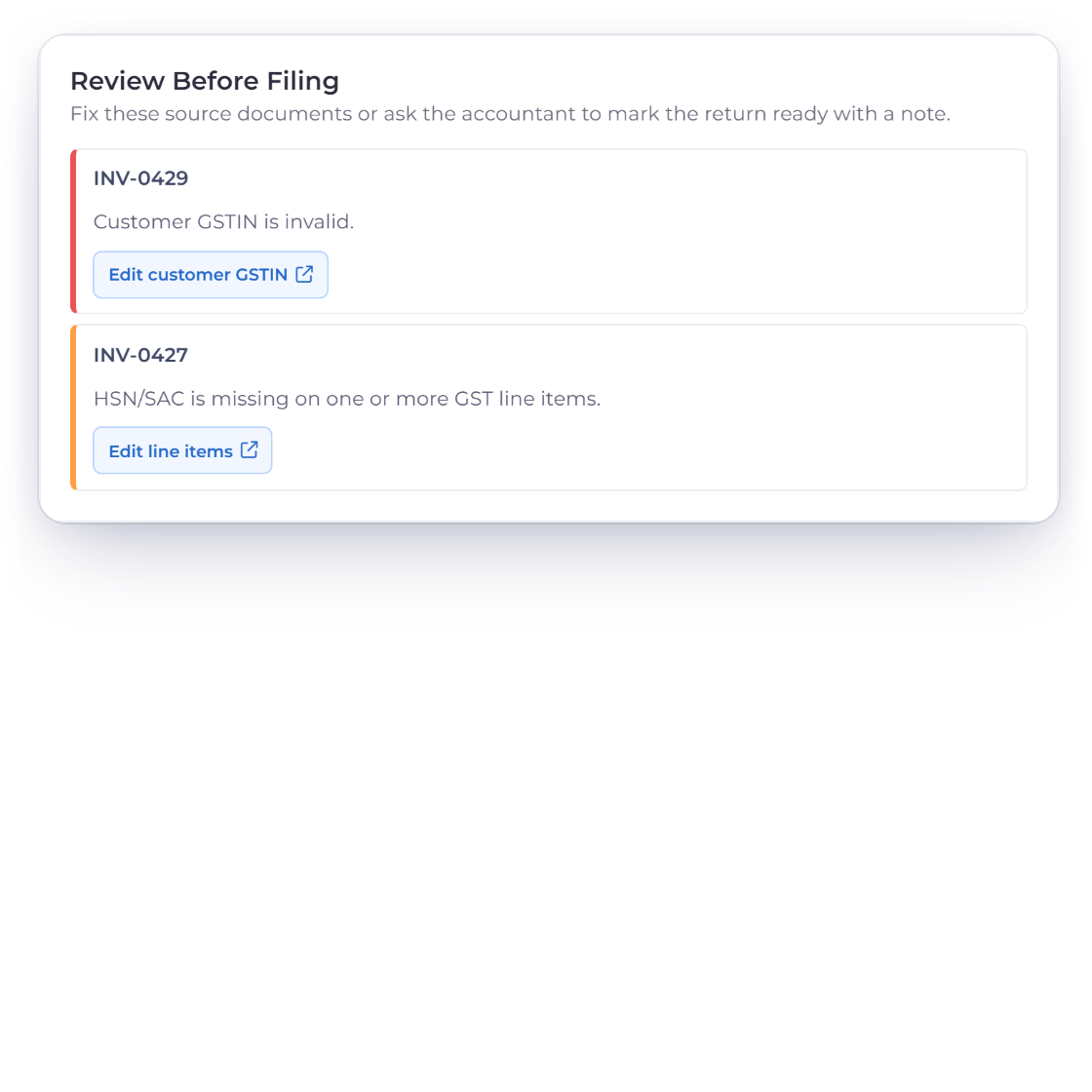 Invoice Crowd Review Before Filing list flagging an invoice whose customer GSTIN fails validation and an invoice missing its HSN/SAC code, with a link to fix each one