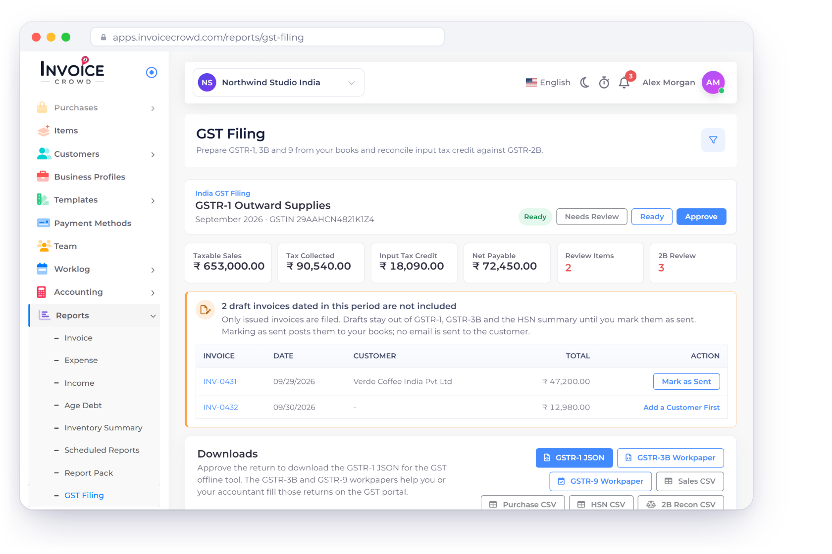 Invoice Crowd GST Filing for an Indian business with the GSTR-1 for September 2026, taxable sales, tax collected, input tax credit and net payable in rupees, two draft invoices left out, and the GST treatment set on an invoice
