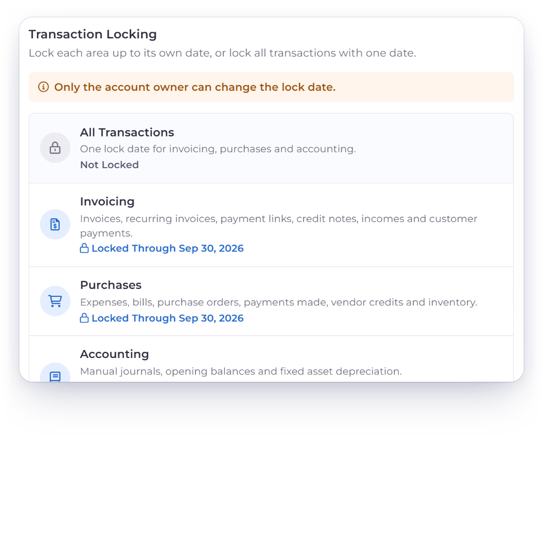 Invoice Crowd Lock Transactions as a team member sees it, read only with the note that only the account owner can change the lock date, and the paid-plan message for new locks