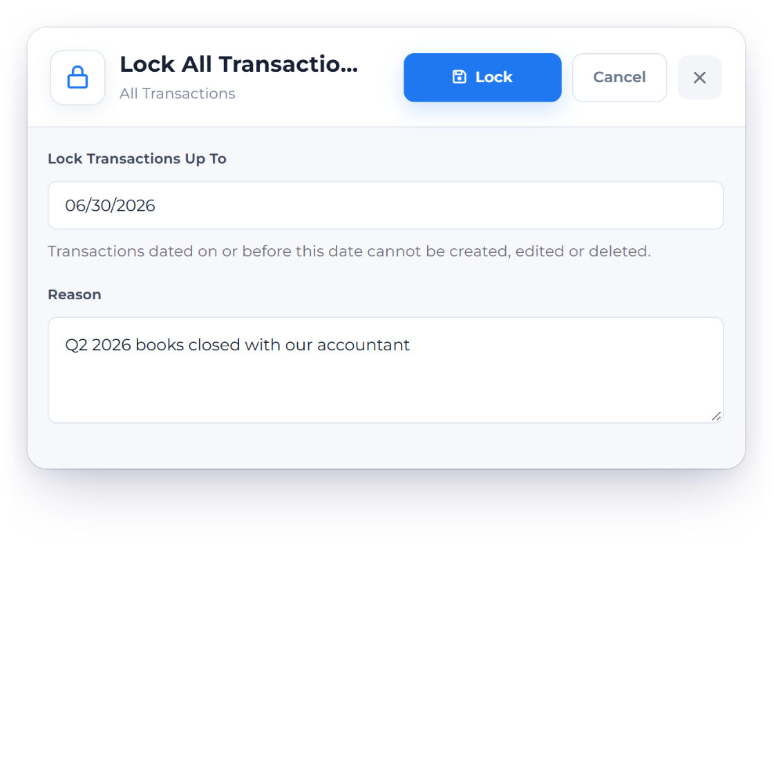 Invoice Crowd Lock All Transactions drawer with a lock date of 06/30/2026 and a reason, which covers invoicing, purchases and accounting with one date