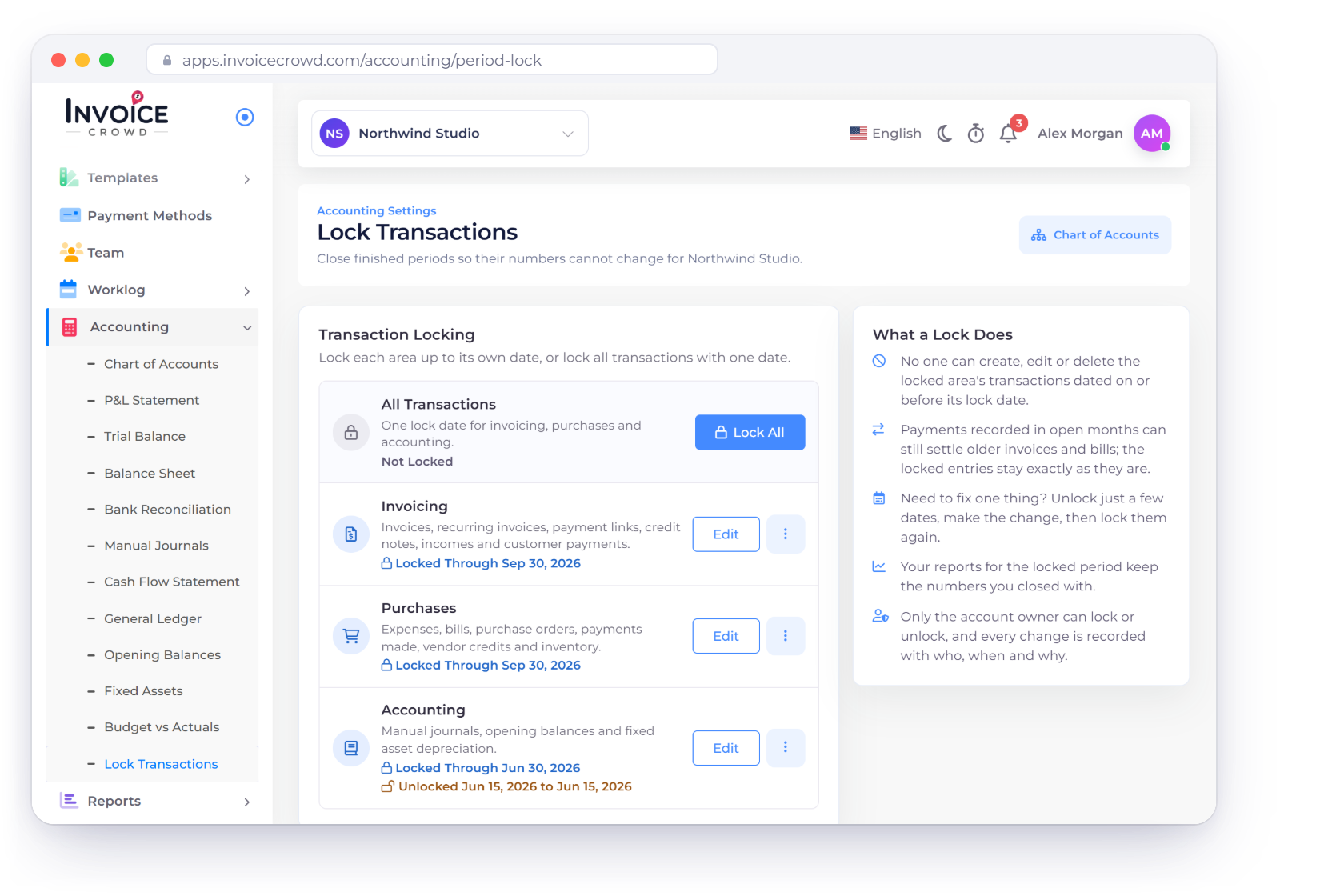 Invoice Crowd Lock Transactions page with Invoicing and Purchases locked through Sep 30, 2026, Accounting locked through Jun 30, 2026, and the lock history