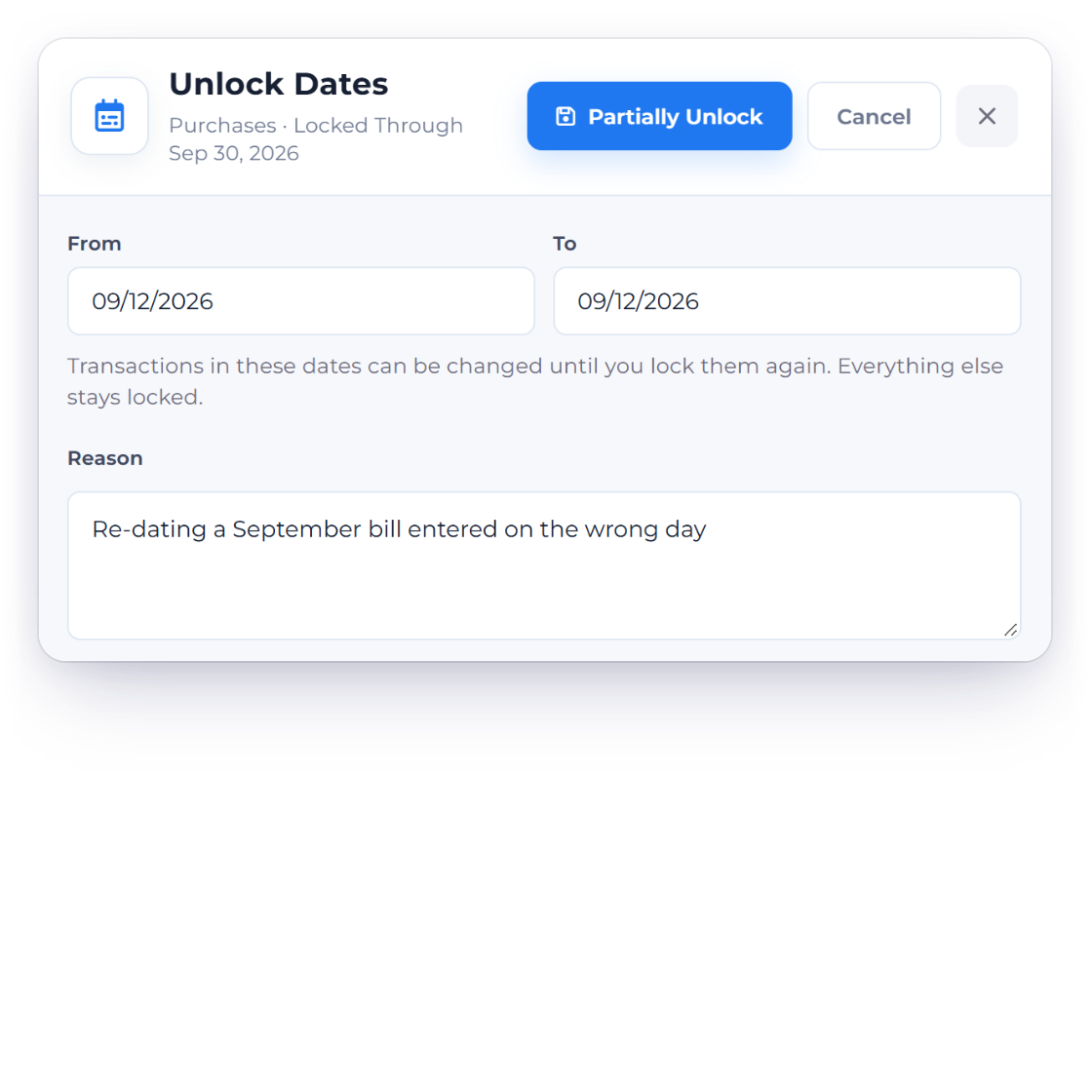 Invoice Crowd Unlock Dates drawer opening one day inside the Purchases lock, with a reason, while everything else stays locked