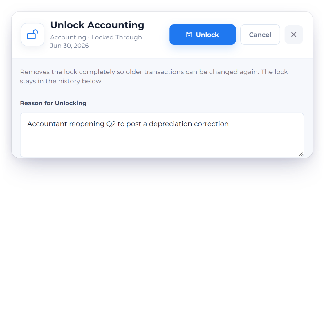 Invoice Crowd Unlock Accounting drawer asking for a reason for unlocking, with an earlier unlock and its reason kept in the lock history