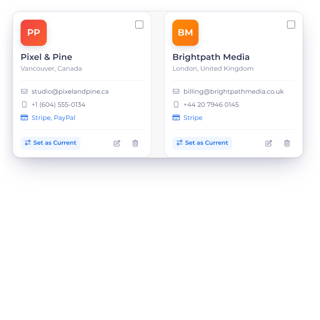 Invoice Crowd business profile settings for Currency and Formats with billing and accounting currency, formats and the Show Amounts In default for the business