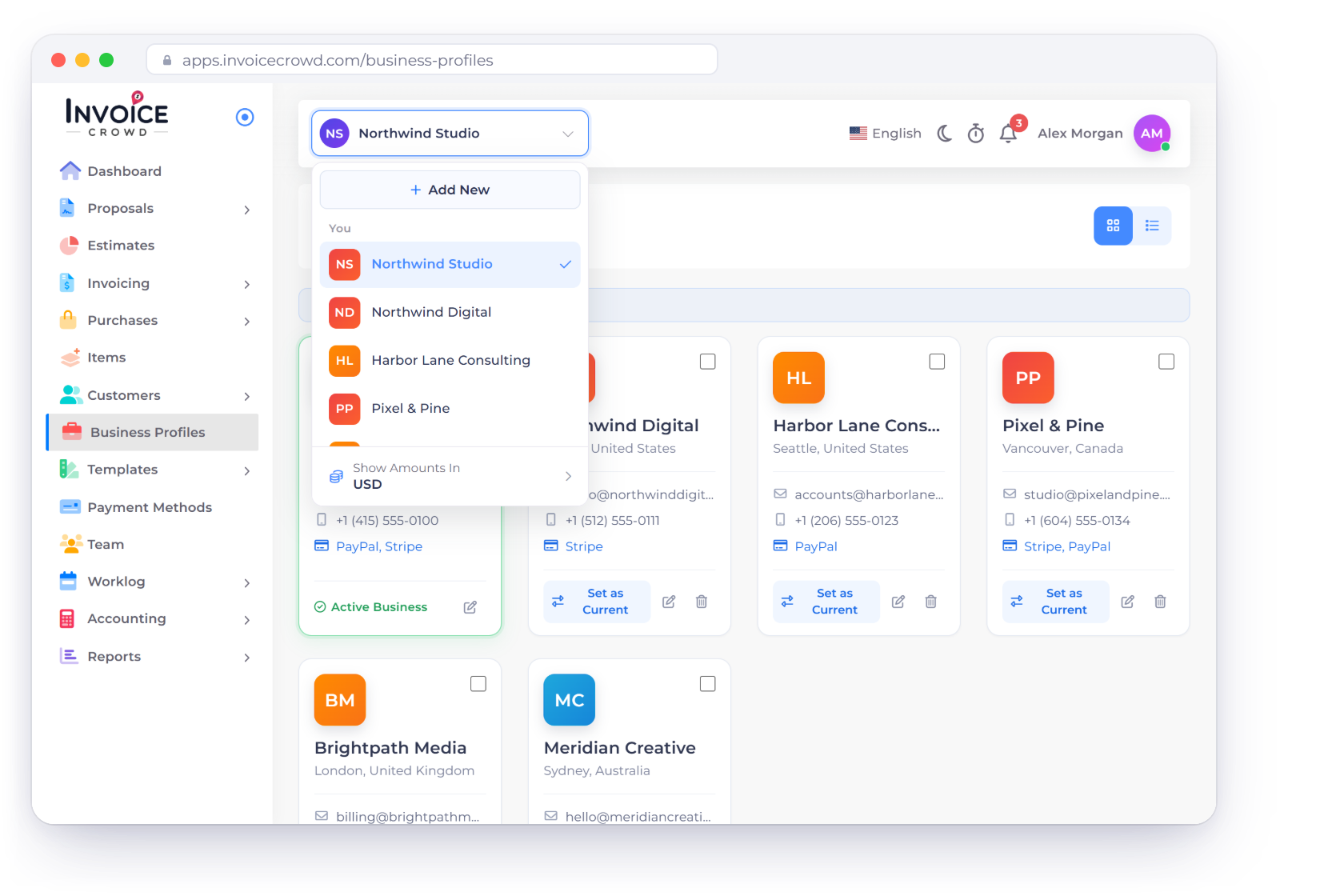 Invoice Crowd business profiles screen with six brands, the business switcher open with its Show Amounts In row, and the number of business profiles each plan allows