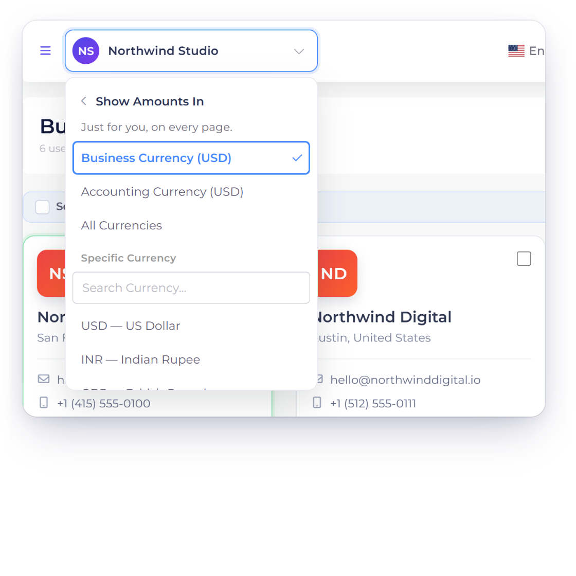 Invoice Crowd Show Amounts In choices in the business menu next to the default payment options and languages set for one business profile