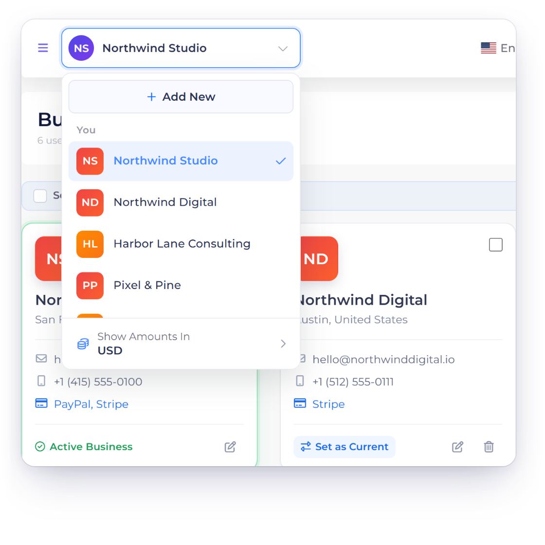 Invoice Crowd business switcher listing six business profiles, with customers, documents, accounts and reports kept with the profile they belong to