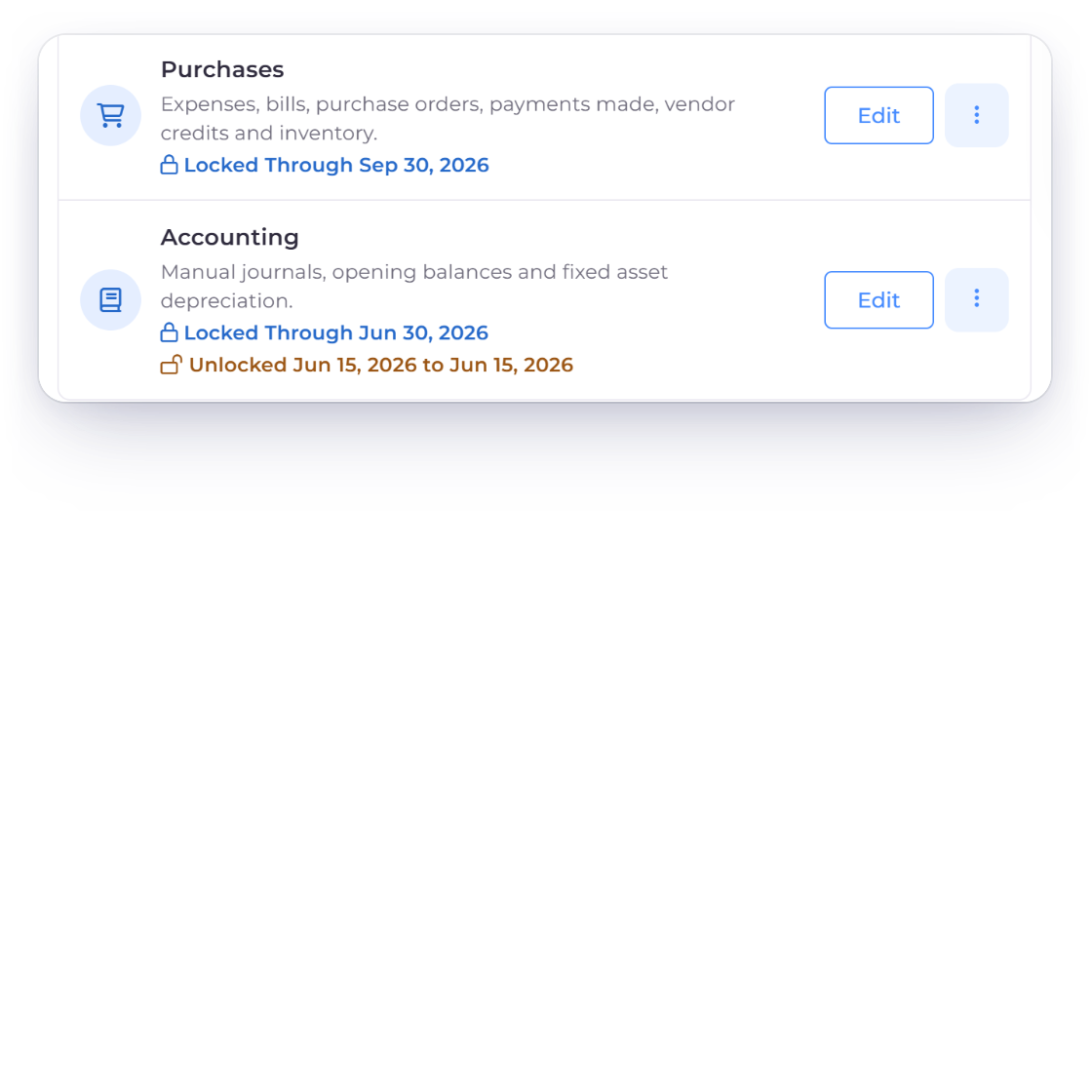 Invoice Crowd refusing a manual journal dated 06/20/2026 because Accounting is locked through Jun 30, 2026 under Accounting, Lock Transactions, with a link to open the lock