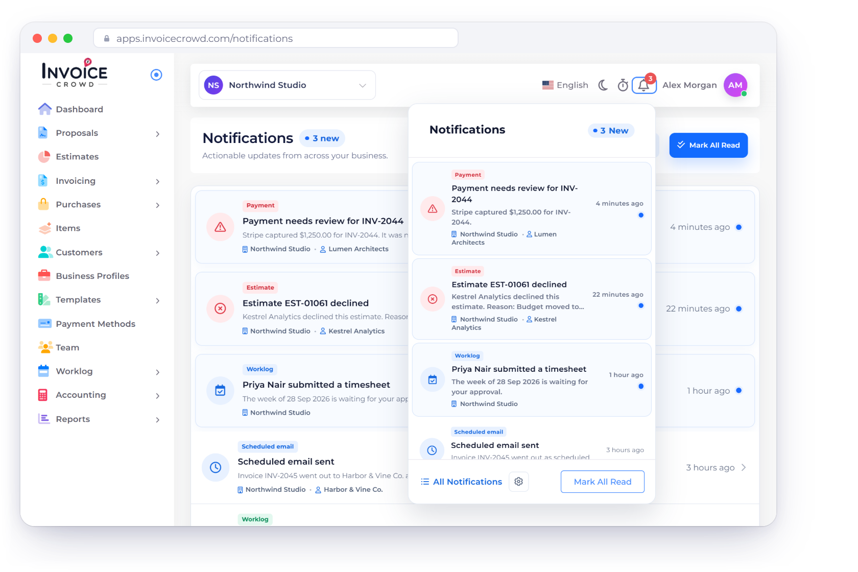 Invoice Crowd notifications panel with a payment needing review, a declined estimate and a submitted timesheet, the All Notifications link, settings gear and Mark All Read, and the two events that can also email