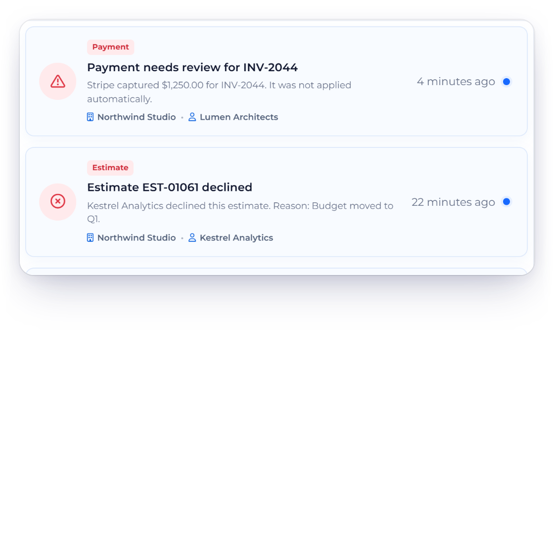 An older Invoice Crowd notification that says its business profile and amount were not recorded, next to newer notifications with full details