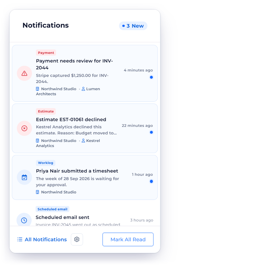 Invoice Crowd notifications panel where each event opens the record it is about, such as the payment to review, the declined estimate or the timesheet to approve