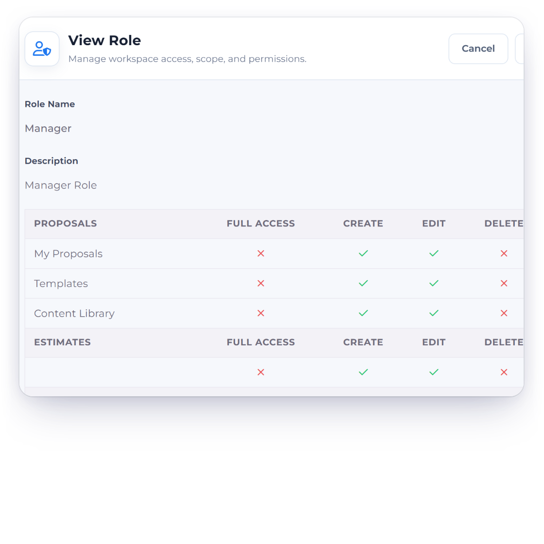 Invoice Crowd View Role panel with full access, create, edit and delete for each area, next to the roles listed on the Team page Roles tab