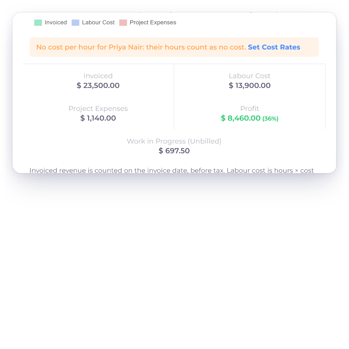 Invoice Crowd project profit figures with a warning that one team member has no cost per hour, and the Cost Rates and Weekly Hours settings where the owner sets each person's cost