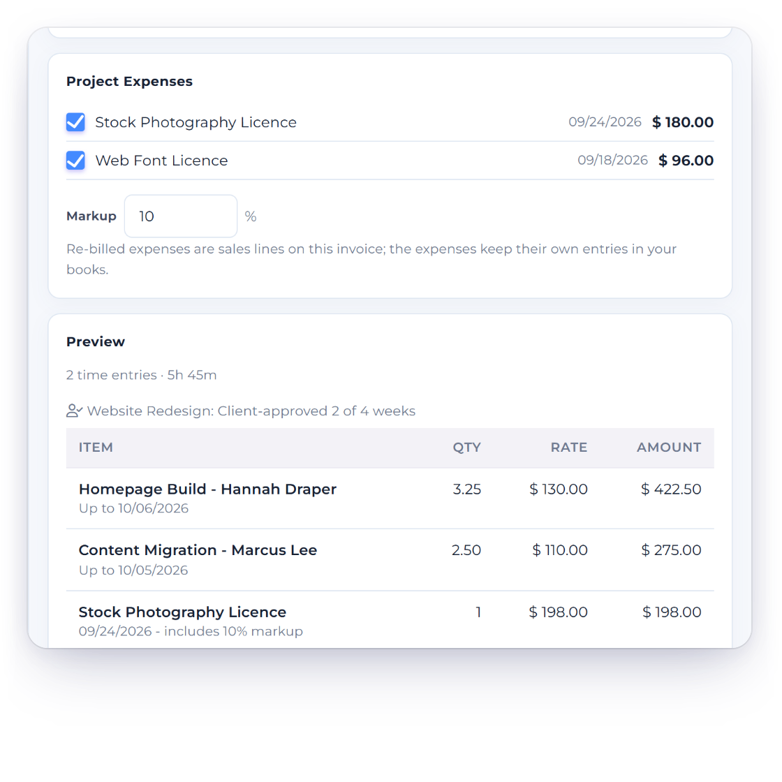Invoice Crowd Create Invoice drawer re-billing two unbilled project expenses with a 10% markup, with a client-approved weeks note and a live preview of time and expense lines totalling $1,001.10